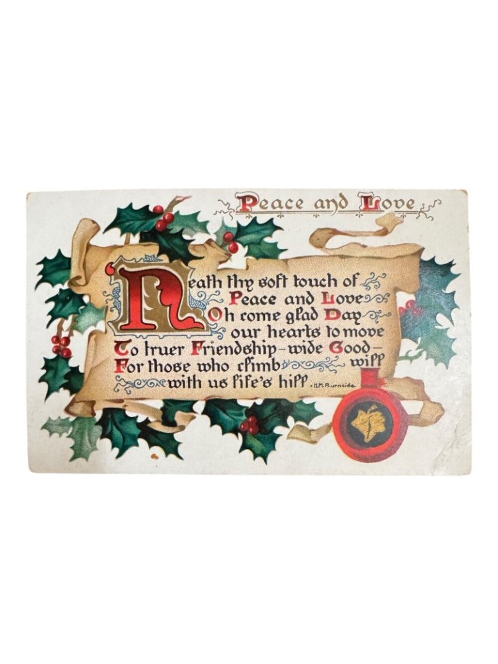 Vintage Postcard Peace & Love Holiday Holly Raphael Tuck Yuletide Series No 104